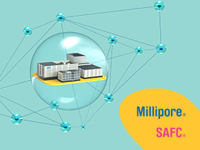 An illustration featuring a transparent bubble containing images of industrial buildings, symbolizing a laboratory or manufacturing facility. Surrounding the bubble are interconnected blue spheres, representing a network or scientific connections. The image includes the logos "Millipore" and "SAFC" in vibrant colors on the right side, emphasizing the branding of the company.