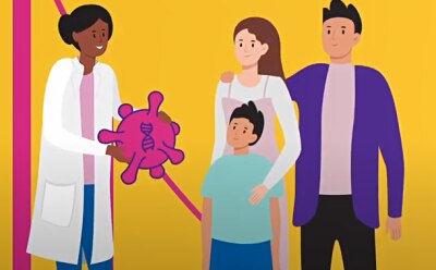 A healthcare professional in a white coat handing over a large, pink, stylized molecule to a family of three, with one adult reaching out to accept it. A healthcare professional in a white coat handing over a large, pink, stylized molecule to a family of three, with one adult reaching out to accept it.