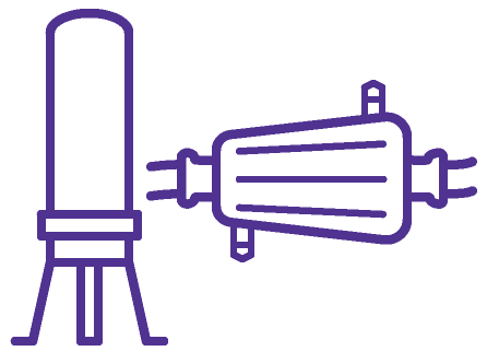 A purple line drawing of a telescope and a space satellite. A purple line drawing of a telescope and a space satellite.