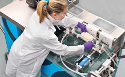 Scientist working on a complex machine to remove or inactivate viruses. Scientist working on a complex machine to remove or inactivate viruses.