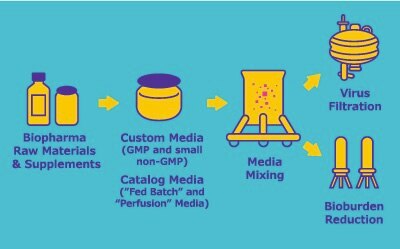 Workflow of 1. Biopharma Raw Materials & Supplements, 2. Custom Media (GMP and small non-GMP) Catalog Media ("Fed Batch" and "Perfusion" Media), 3. Media Mixing, 4. Virus Filtration or Bioburden Reduction. Workflow of 1. Biopharma Raw Materials & Supplements, 2. Custom Media (GMP and small non-GMP) Catalog Media ("Fed Batch" and "Perfusion" Media), 3. Media Mixing, 4. Virus Filtration or Bioburden Reduction.