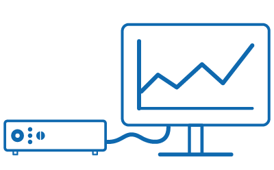 A blue outline illustration of a projector connected to a computer monitor displaying a line graph. A blue outline illustration of a projector connected to a computer monitor displaying a line graph.