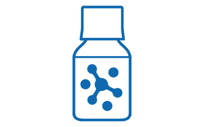 The image depicts a simple blue outline of a bottle with a cap. Inside the bottle, there is a molecular structure icon, also in blue. The bottle has straight sides and a square cap, all outlined in blue. The molecular structure consists of circles connected by lines. The image depicts a simple blue outline of a bottle with a cap. Inside the bottle, there is a molecular structure icon, also in blue. The bottle has straight sides and a square cap, all outlined in blue. The molecular structure consists of circles connected by lines.