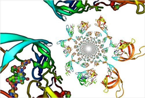 It is a colorful representation of a complex molecular structure. It features multiple intertwined shapes, each with distinct colors like green, blue, red, and yellow.