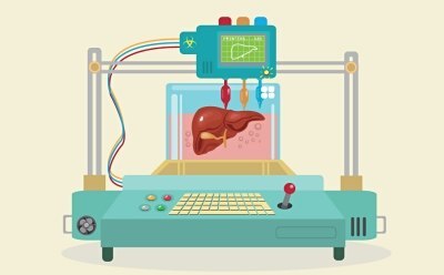 Illustration showing process of creating human heart layer for layer with bioink using 3D printer