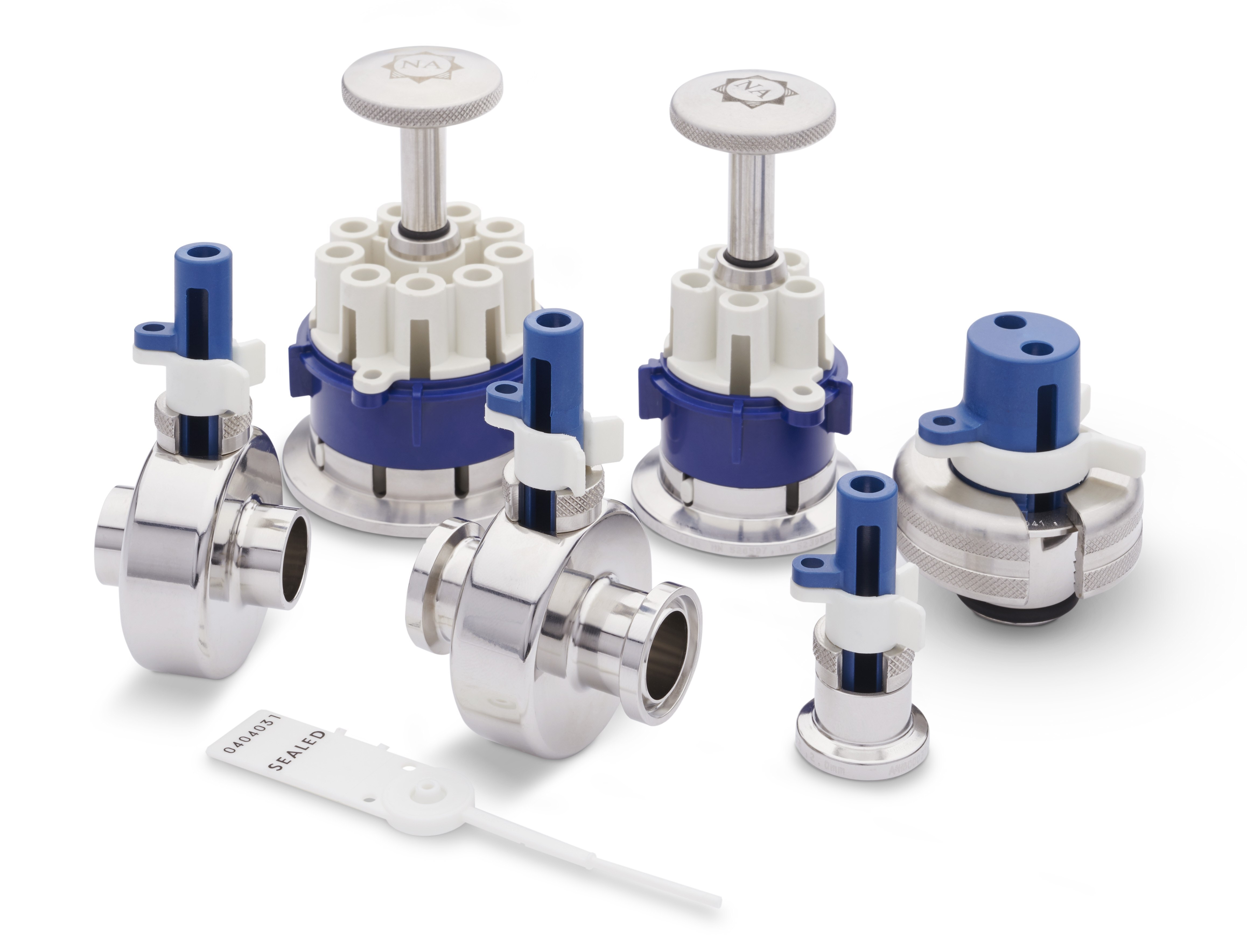 Family shot of NovaSeptum® GO sterile sampling systems connector offerings and security tag, including TC Connector, Ingold® Connector, In-Line Butt End TC Connector, In-Line TC Connector. Family shot of NovaSeptum® GO sterile sampling systems connector offerings and security tag, including TC Connector, Ingold® Connector, In-Line Butt End TC Connector, In-Line TC Connector.