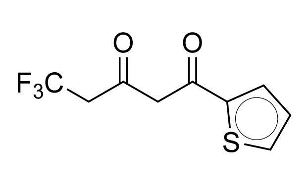 Chemical Structure of 2-Thenoyltrifluoroacetone A chemical structure diagram of 2-Thenoyltrifluoroacetone, featuring a thienyl group attached to a trifluoroacetone moiety, highlighting the carbonyl groups and trifluoromethyl substituents.