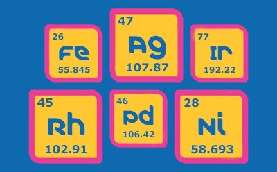 Transition Metal Catalysts Sample transition metals (iron, silver, irridium, rhodium, palladium, & nickel) in transition metal catalysts.