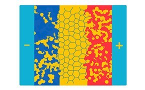 A stylized battery illustration containing packed lithium-ion atoms. A stylized battery illustration containing packed lithium-ion atoms.
