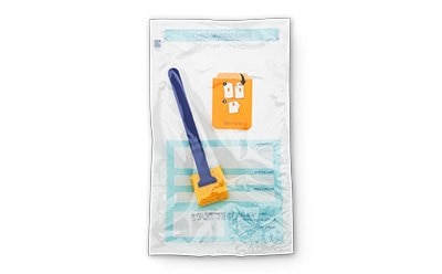 A sealed package containing eMcollect, featuring a yellow sponge tip applicator with a long purple handle. The package has a light blue background with an orange label showing icons of test tubes. A sealed package containing eMcollect, featuring a yellow sponge tip applicator with a long purple handle. The package has a light blue background with an orange label showing icons of test tubes.
