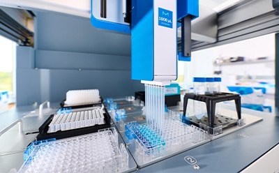 Inside closeup view of the AAW™ workstation deck with plates, pipettes, and gripper for lab automation. Inside closeup view of the AAW™ workstation deck with plates, pipettes, and gripper for lab automation.