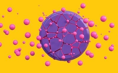 Purple tablet releasing the active ingredient represented by pink circles. Purple tablet releasing the active ingredient represented by pink circles.