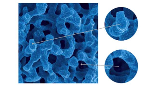 Benefits of chromolith hplc columns meso pore Mesoporos pequeños junto con macroporos, que son unas 100 veces más grandes, en una columna Chromolith<sup>®</sup>. Fuente: Presentación de Merck sobre “Ventajas de las columnas de HPLC Chromolith”