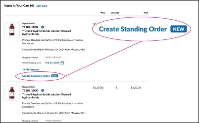 Create a standing order The create standing order button in the checkout process.