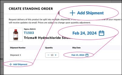Create a standing order add shipment The create standing order process to adjust quantities and add shipments.