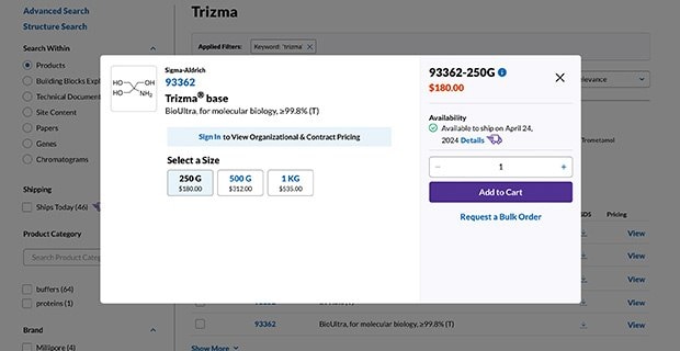 Enhanced Pricing & Availability view in Search Modal View of the enhanced Pricing & Availability view in Search showing a simpler view of the product details