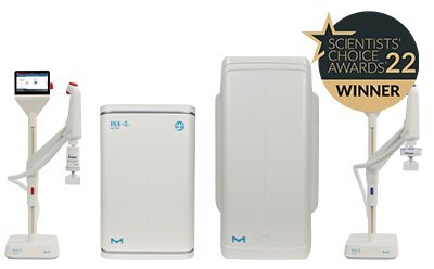 흰색 배경에 Milli-Q® IQ 7003/05/10/15 정제수 시스템과 오른쪽 위 구석의 Scientist's Choice Awards 22 수상 로고.