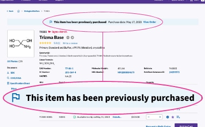 Previous Purchase Banner Product Detail Page Screenshot of Millipore Sigma product detail page showing previous purchase banner