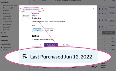 Previous Purchase Product Quick View Screenshot of Millipore Sigma product quick view showing previous purchase banner