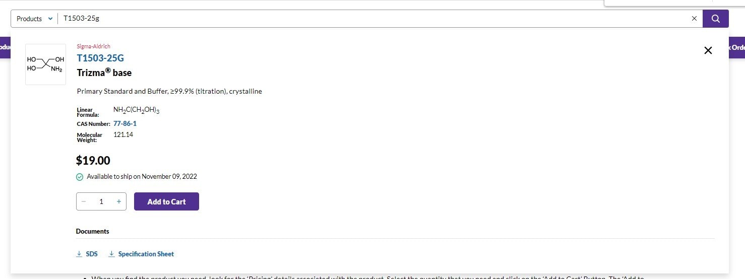 Product Search Bar Quick view of product information from the search bar
