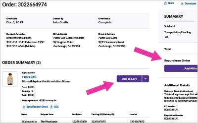 Repurchase Button Location Location of the repurchase buttons on the order detail page