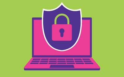 Computer with safe lock indicating security.