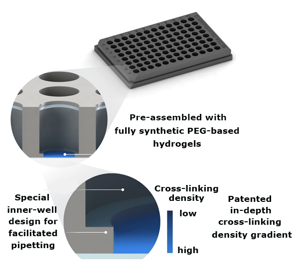 TrueGel3D<sup>®</sup> HTS Hydrogel Plate technology overview. Synthetic functionalized PEG hydrogels are precast into glass bottom black polystyrene 96-well imaging plates.<sup>1</sup> TrueGel3D® HTS hydrogel plates for high-throughput 3D cell culture applications