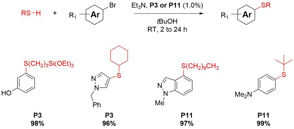 Reaction schemes showing aliphatic thiol coupling of hetero(aryl) bromides with either P3 or P11 precatalysts from Table 1