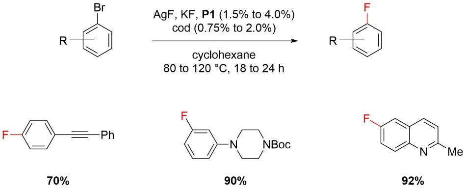 Reaction scheme showing the fluorination of an aryl bromide using P1 precatalyst from Table 1.
