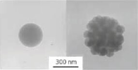 250 nm diameter bare latex particle (left) and covered with 40-nm silica particle shell (PAH/PSS/PAH/silica) (right).