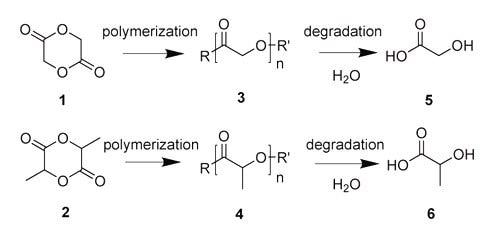 Chemical structures of glycolide (1) and lactide (2); the corresponding polymers polyglycolide (PGA) (3) and polylactide (PLA) (4); and glycolic acid (5) and lactic acid (6).