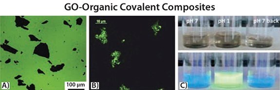 (<b>A</b>)GOシートによるSiO<sub>x</sub>上のオリゴチオフェン分子薄層の蛍光消光<sup>52</sup>。(<b>B</b>)柔軟なジアミンをリンカーに使用してオリゴチオフェン色素でGOを官能基化して得られた蛍光性GOシート<sup>37</sup>。(<b>C</b>)エタノール中の共有結合性GO–オリゴチオフェン複合体の画像。pHが中性(左)、HClで酸性化(中央)、トリエチルアミン(TEA)で再び中性化(右)。通常光(上段)およびUV照射(下段)。発光の切り替えが可逆的であることが示されています<sup>37</sup>。 GO–オリゴチオフェン複合体