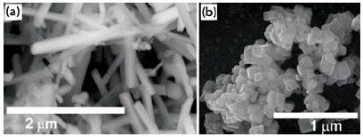 SEM images of BaTiO3 nanorods and SrTiO3 nanocubes. SEM images of BaTiO3 nanorods and SrTiO3 nanocubes.