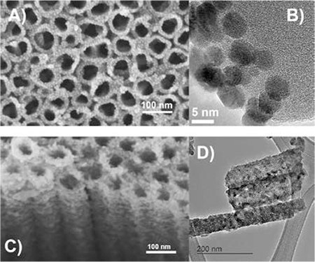 A) SEM and B) HRTEM images of TiNT arrays deposited with gold nanoparticles. C) SEM and D) TEM images of iron-oxide (hematite) decorated TiNT arrays. HRTEM images of TiNT arrays deposited