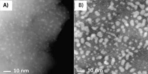 50サイクルと100サイクルのALDで100℃にてITO／PEN基板上に調製した白金NPの高解像TEM画像