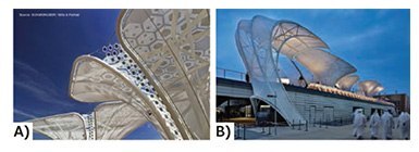 OPV Solar Trees at EXPO 2015 in Milan. <b>A)</b> Series of OPV solar modules fabricated by solution-deposition techniques (blue hexagons on the picture) are connected to form a network of >250 m>sup>2</sup> charging batteries during daylight. <b>B)</b> OPV-powered lights coming from the trunk of the Solar Trees create aesthetic shades during the night. OPV Solar Trees