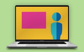 Generic webinar image of an open laptop on a green background. Screen shows magenta rectangle, silouhette of a person and yellow background. 