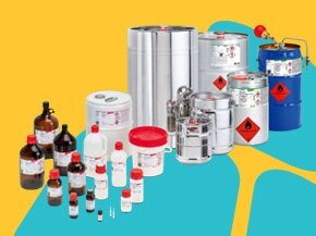 Assorted laboratory chemical containers—vials, reagent bottles, plastic jugs, metal cans, and steel drums—with red caps and hazard labels on a yellow-and-blue background.