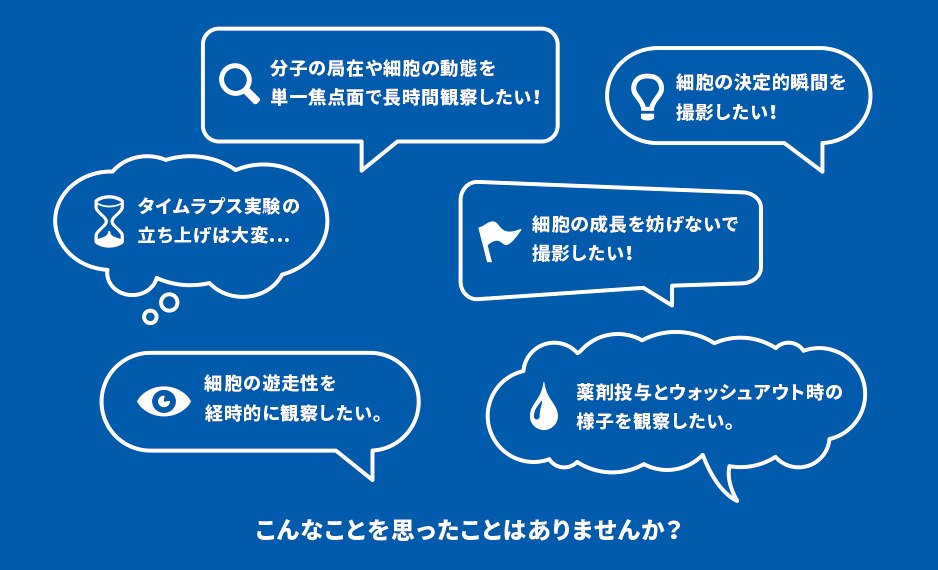 分子の局在や細胞の動態を単一焦点面で長時間観察したい! 細胞の決定的瞬間を撮影したい! タイムラプス実験の立ち上げは大変… 細胞の成長を妨げないで撮影したい! 細胞の遊走性を経時的に観察したい。 薬剤投与とウォッシュアウト時の様子を観察したい こんなことを思ったことはありませんか?