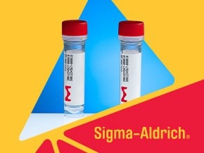 Two clear sample vials with red caps and Sigma‑Aldrich labels on a bold yellow‑and‑blue geometric background with the Sigma‑Aldrich wordmark.