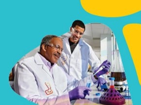 Two individuals in white lab coats working in a laboratory setting. One person is holding a pipette and is focused on a colorful liquid in a flask, while the other is observing and assisting. The background features bright turquoise and yellow elements, adding a vibrant touch to the scene.