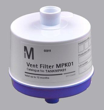 Vent Filter Protects purified water stored in 30/60/100 PE tanks from airborne contaminants. For AFS&#174;, RiOs&#8482; Essential, Milli-Q&#174; Integral, Elix&#174; Reference/ Essential/Advantage systems.