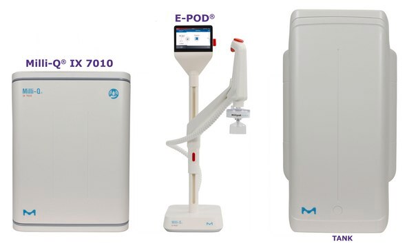 Milli-Q&#174; IX Pure Water System with E-POD&#174; Dispenser input: potable tap water, output: type 2 water (> 5&#160;M&#937;·cm), The most advanced pure water system for the production of Elix&#174; quality water at a flow rate of 10 L/h, with E-POD&#174; pure water dispenser.
